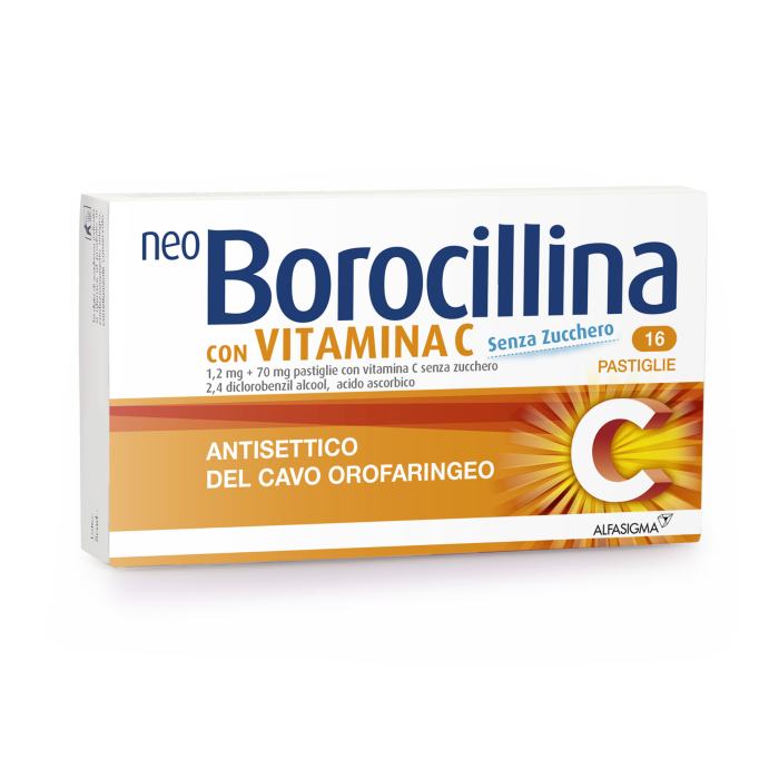 Neo borocillina 1,2 mg + 70 mg 16 pastiglie con vitamina c senza zucchero