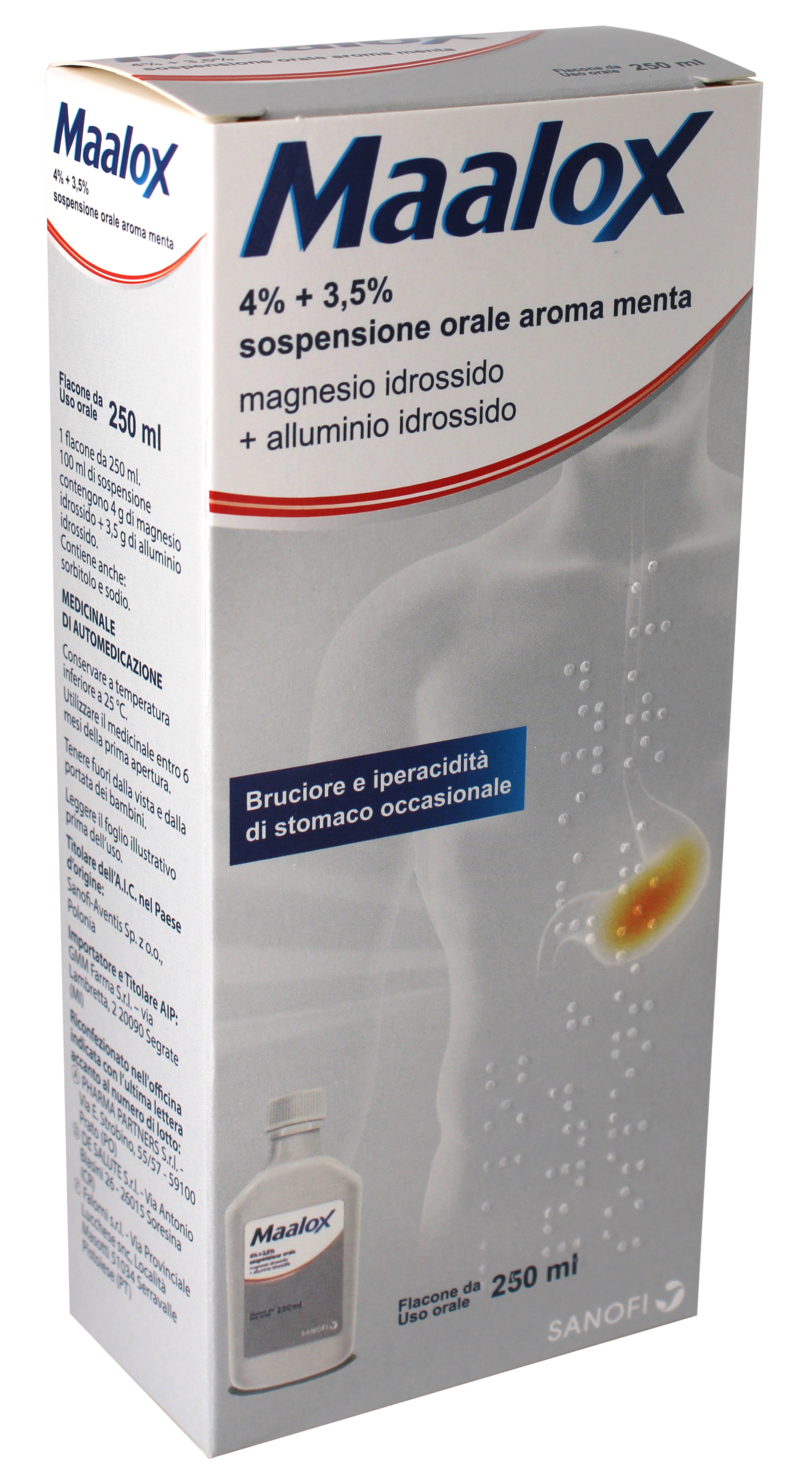 Maalox 4% + 3,5% sospensione orale aroma menta  magnesio idrossido + alluminio idrossido