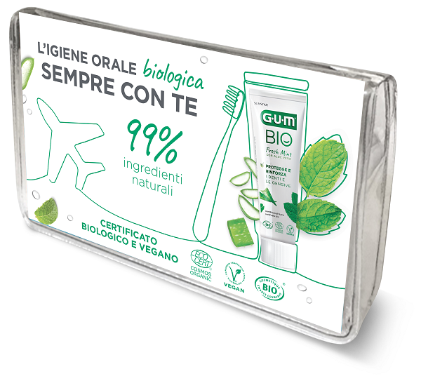 Gum travel kit bio 1 spazzolino + 1 dentifricio +  1 scovolino interdentale