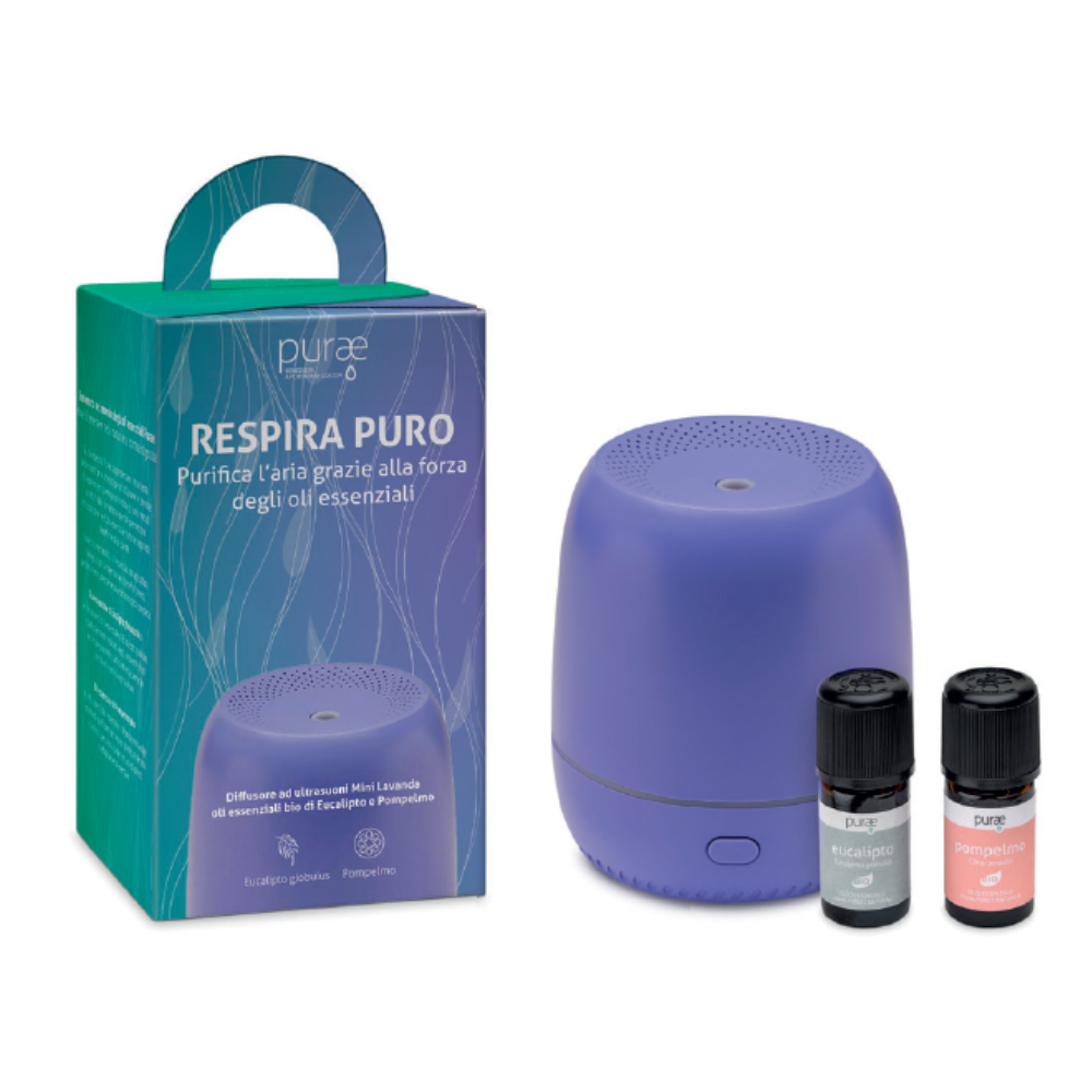 Purae kit respira puro petit lavanda Diffusore Ad Ultrasuoni + 2 Oli Essenziali Eucalipus E Pompelmo
